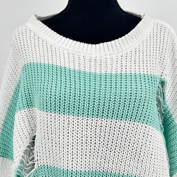 Oversized Distressed Chunky Knit Sweater Women’s XL Striped Green White NWT - Picture 5 of 9